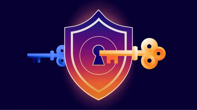 ภาพประกอบของ Cloudflare เรื่องการเปลี่ยนกุญแจ KSK ราก DNS: กุญแจสองดอกกับโล่ที่มีรูกุญแจ