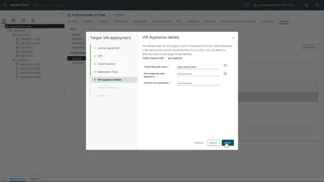 หน้าจอ vSphere Client ของ VMware แสดงขั้นตอน Target VM deployment ระหว่างการอัปเกรด vCenter
