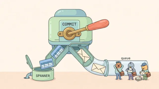 ภาพประกอบของ Google Cloud แสดง Spanner queues: คันโยก COMMIT ส่งข้อมูลลงตาราง Spanner และข้อความลงคิวพร้อมกัน