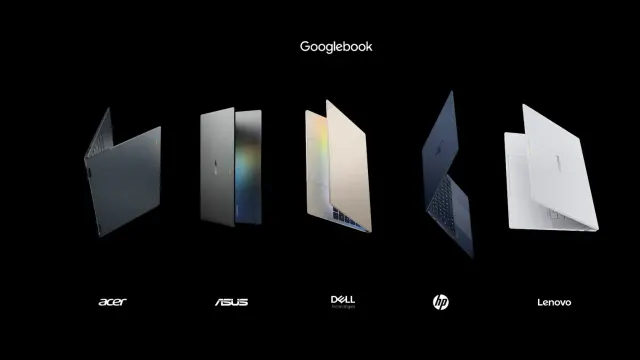 Googlebook รุ่นแรก 5 รุ่นจาก Acer, ASUS, Dell, HP และ Lenovo วางเรียงบนพื้นหลังสีดำ