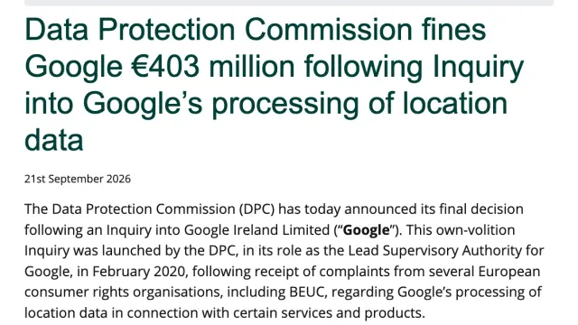 ภาพหน้าจอประกาศของ Data Protection Commission ไอร์แลนด์ ลงวันที่ 21 กันยายน 2026 เรื่องการปรับ Google 403 ล้านยูโร