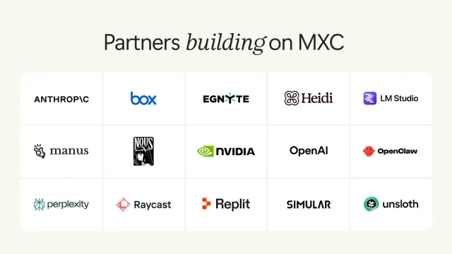 ภาพของ Microsoft แสดงบริษัทที่กำลังสร้างการรองรับ MXC เช่น Anthropic, Box, NVIDIA, OpenAI, OpenClaw, Perplexity, Replit และ Unsloth