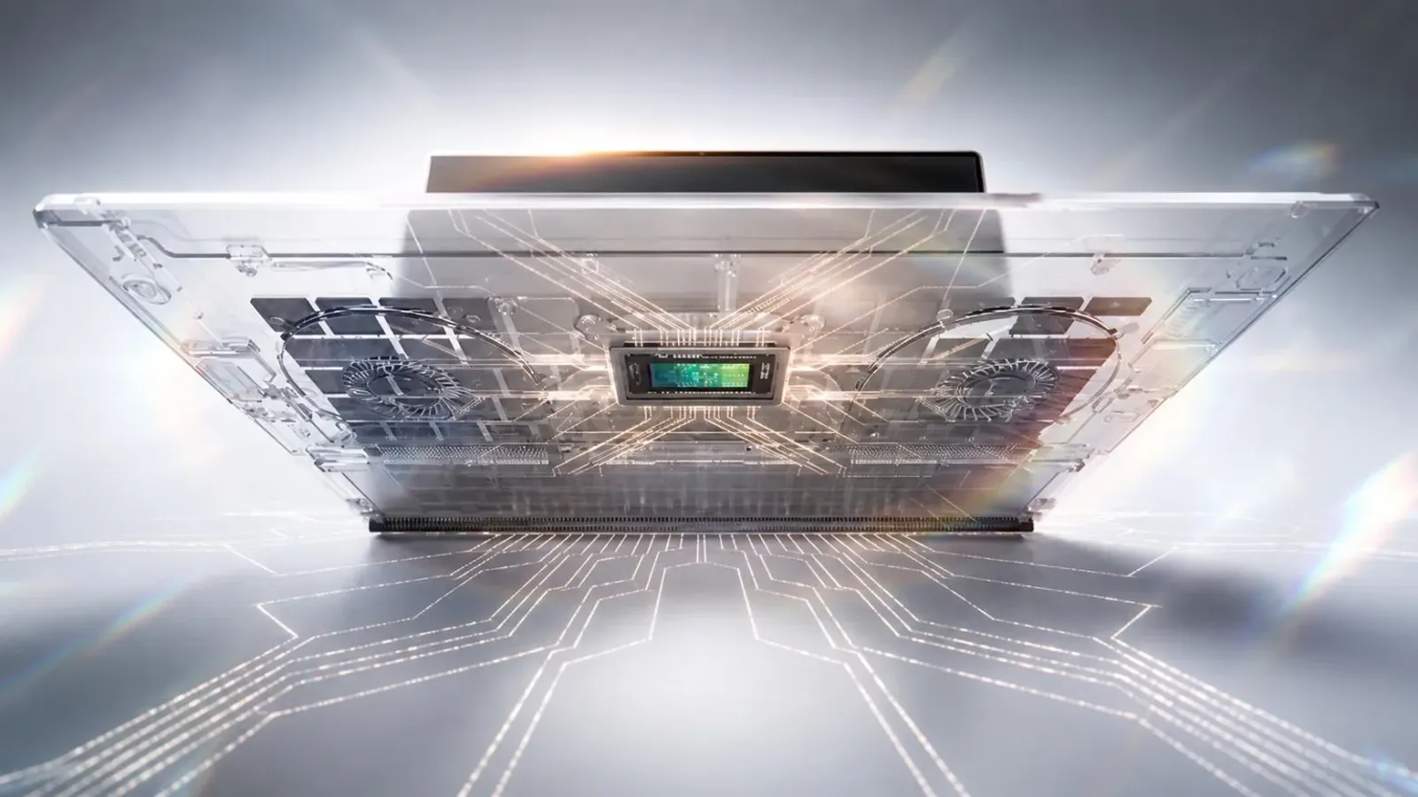 ภาพเปิดตัวชิป NVIDIA RTX Spark ภายในโน้ตบุ๊กบางเบา แสดงชิปกลางเครื่องและพัดลมระบายความร้อนสองตัว