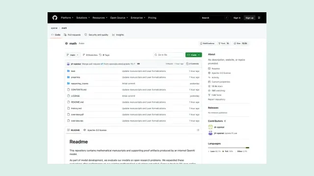 หน้าคลัง openai/math ของ OpenAI บน GitHub แสดงโฟลเดอร์ lean, preprints และ reasoning_traces