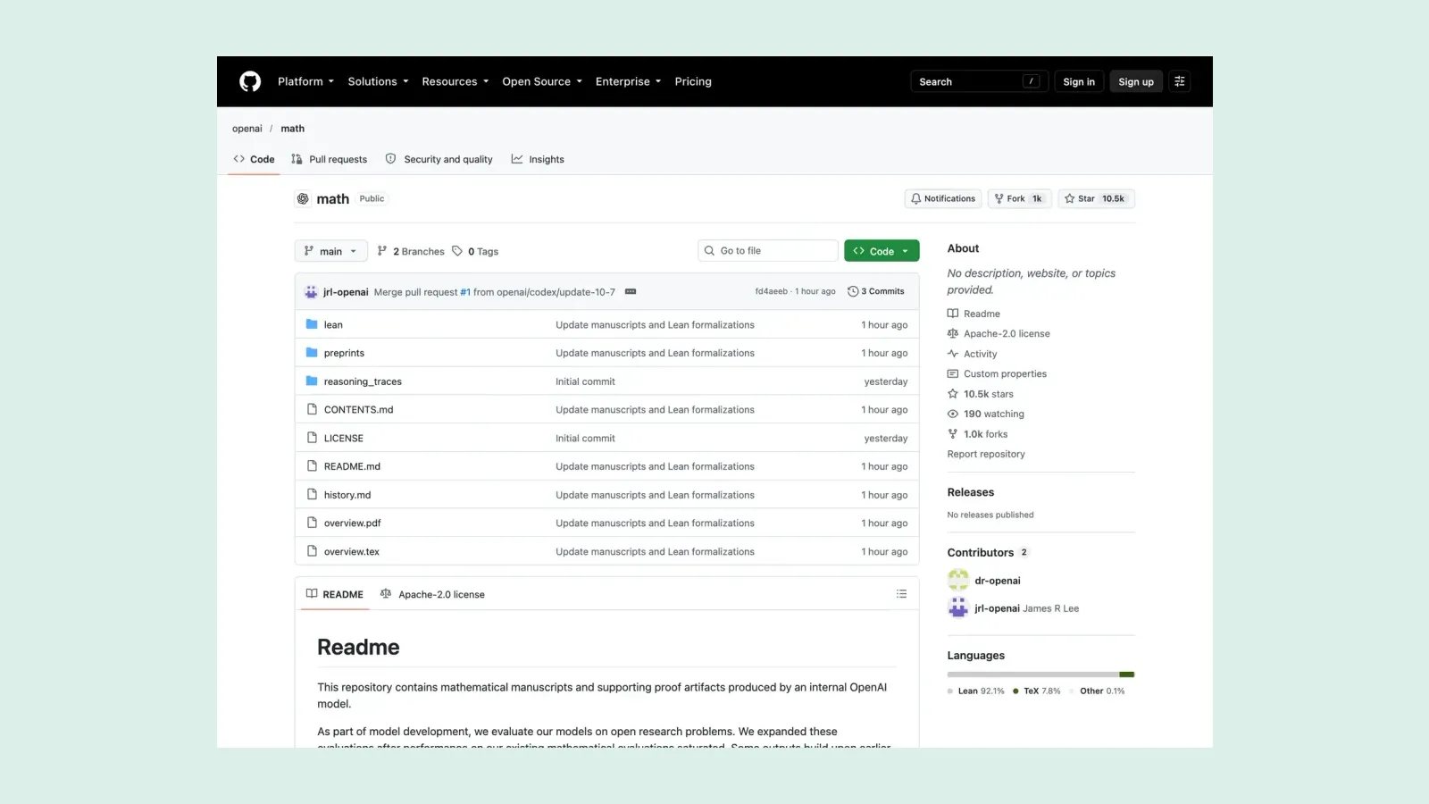 หน้าคลัง openai/math ของ OpenAI บน GitHub แสดงโฟลเดอร์ lean, preprints และ reasoning_traces