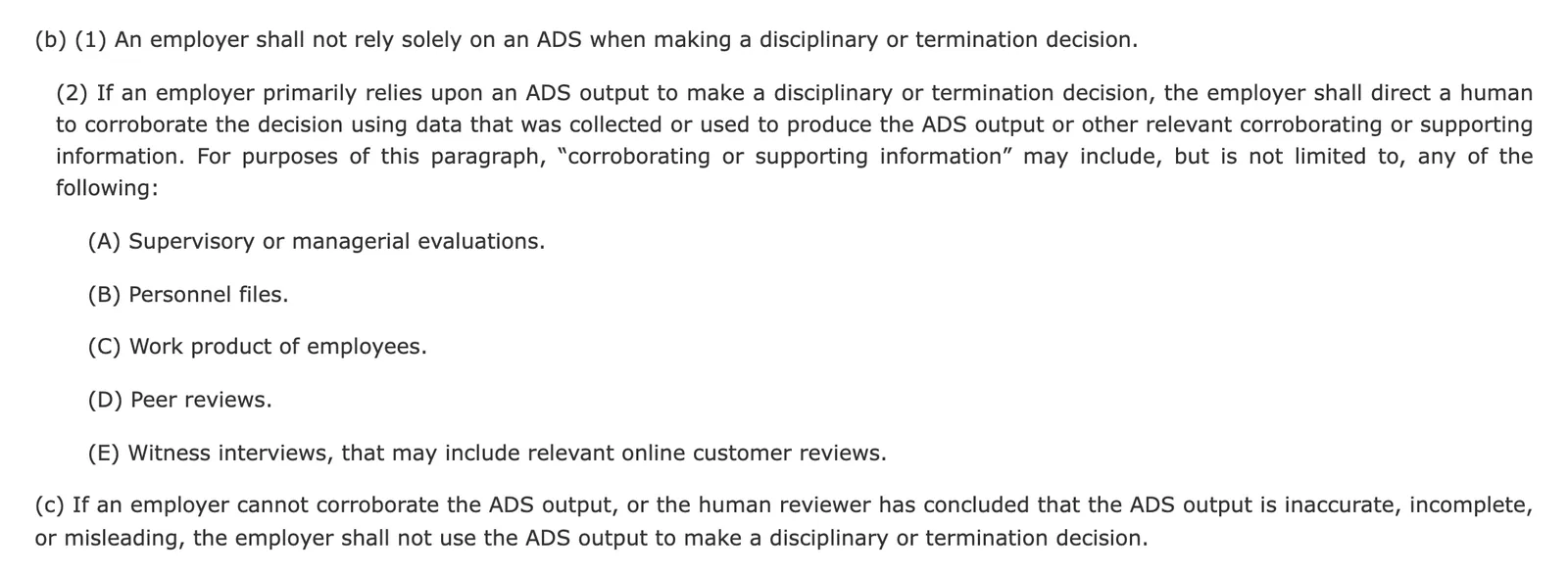 ตัวบทมาตรา 1522(b) และ (c) ของ SB 947: นายจ้างห้ามพึ่ง ADS เพียงอย่างเดียวในการลงโทษหรือเลิกจ้าง และต้องให้มนุษย์ตรวจยืนยันด้วยข้อมูลประกอบ