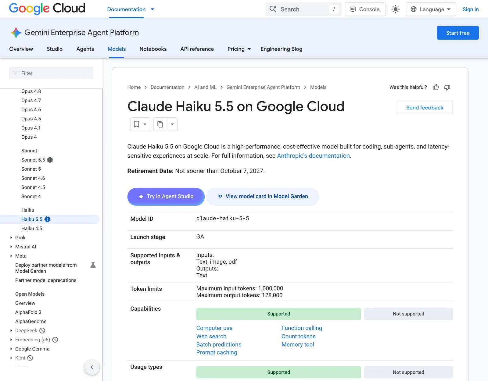 หน้าเอกสาร Claude Haiku 5.5 on Google Cloud แสดงรหัสโมเดล claude-haiku-5-5 สถานะ GA และขีดจำกัด 1,000,000 โทเคนขาเข้า