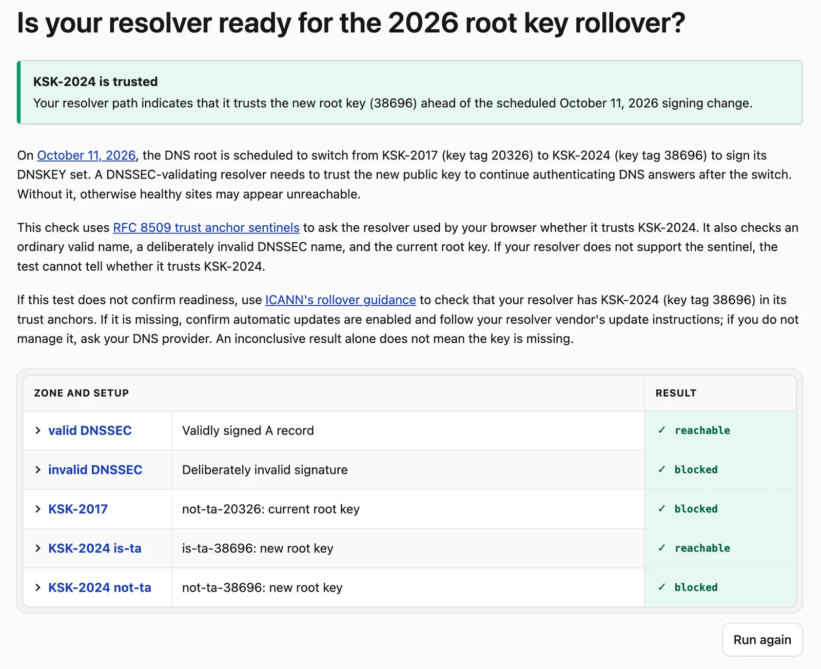 หน้าทดสอบ dnstest.dev ของ Cloudflare: Is your resolver ready for the 2026 root key rollover? ผล KSK-2024 is trusted