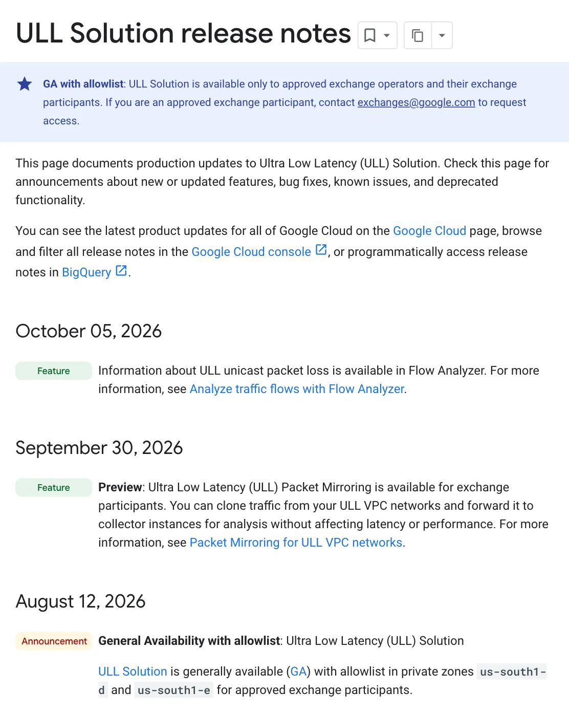 หน้า ULL Solution release notes: GA with allowlist ในโซนส่วนตัว us-south1-d และ us-south1-e ตั้งแต่ 12 สิงหาคม 2026