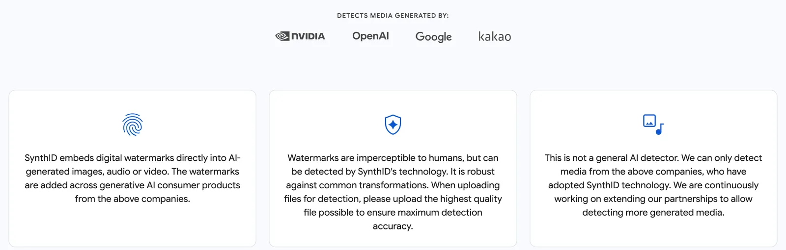 ส่วนหนึ่งของหน้า SynthID Detector แสดงโลโก้ NVIDIA, OpenAI, Google และ Kakao พร้อมคำอธิบายว่าเครื่องมือนี้ไม่ใช่ตัวตรวจ AI ทั่วไป