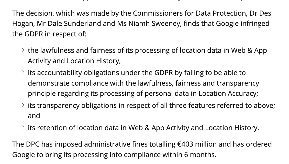 ภาพหน้าจอส่วนข้อค้นพบในประกาศของ DPC ระบุการละเมิด GDPR สี่ประเด็น ค่าปรับรวม 403 ล้านยูโร และคำสั่งให้แก้ไขภายใน 6 เดือน