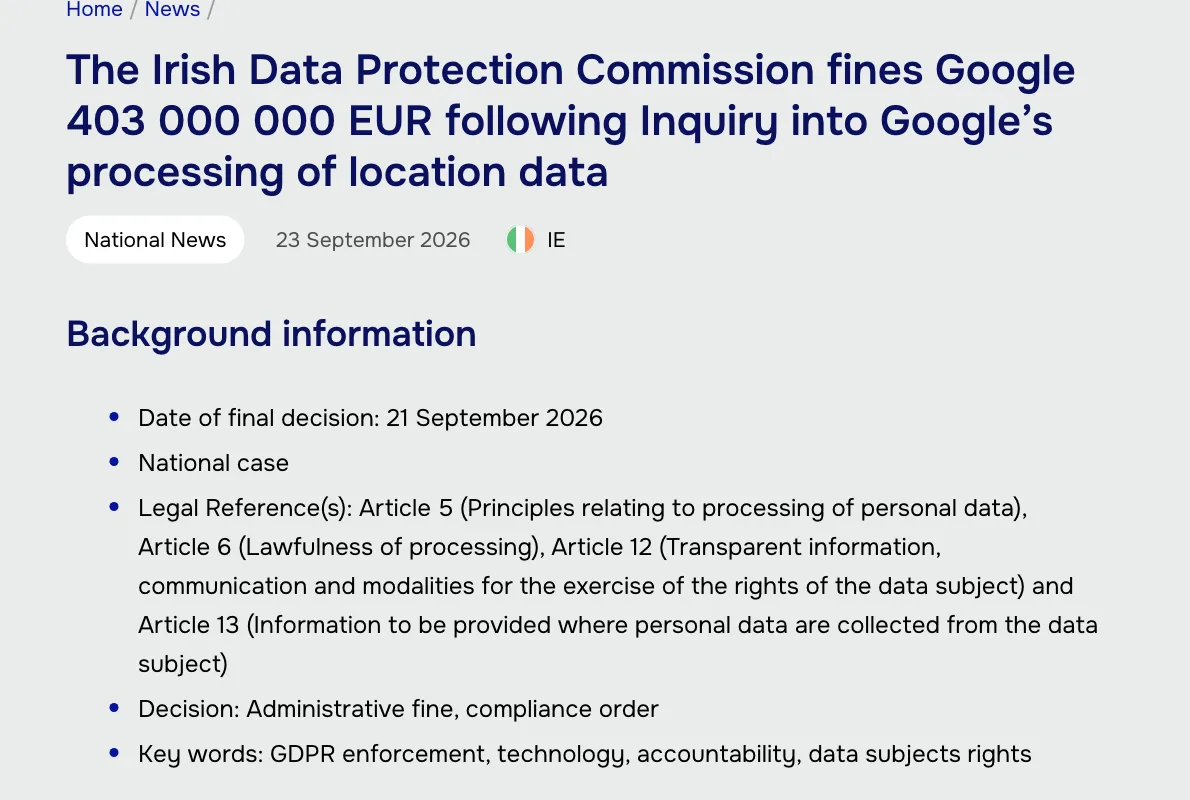 ภาพหน้าจอสรุปคดีบนเว็บไซต์ EDPB ระบุวันที่ของคำตัดสิน ข้อกฎหมาย GDPR ที่เกี่ยวข้อง และประเภทของคำตัดสิน