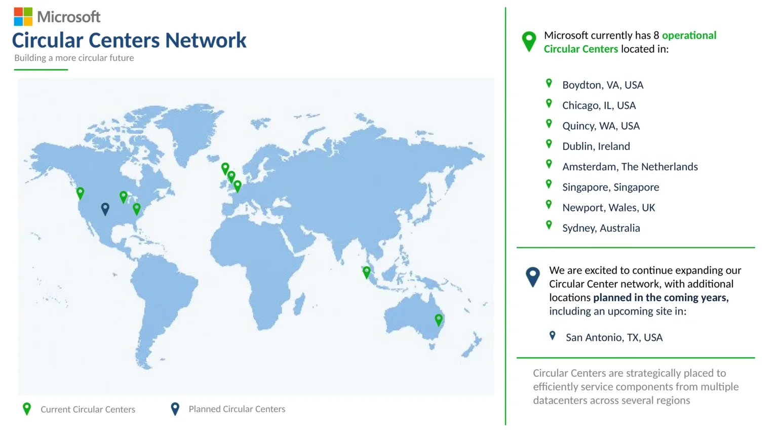 แผนที่ Circular Centers Network ของ Microsoft: 8 ศูนย์ในสหรัฐฯ ยุโรป สิงคโปร์ และซิดนีย์ กับศูนย์ที่วางแผนที่ซานอันโตนิโอ