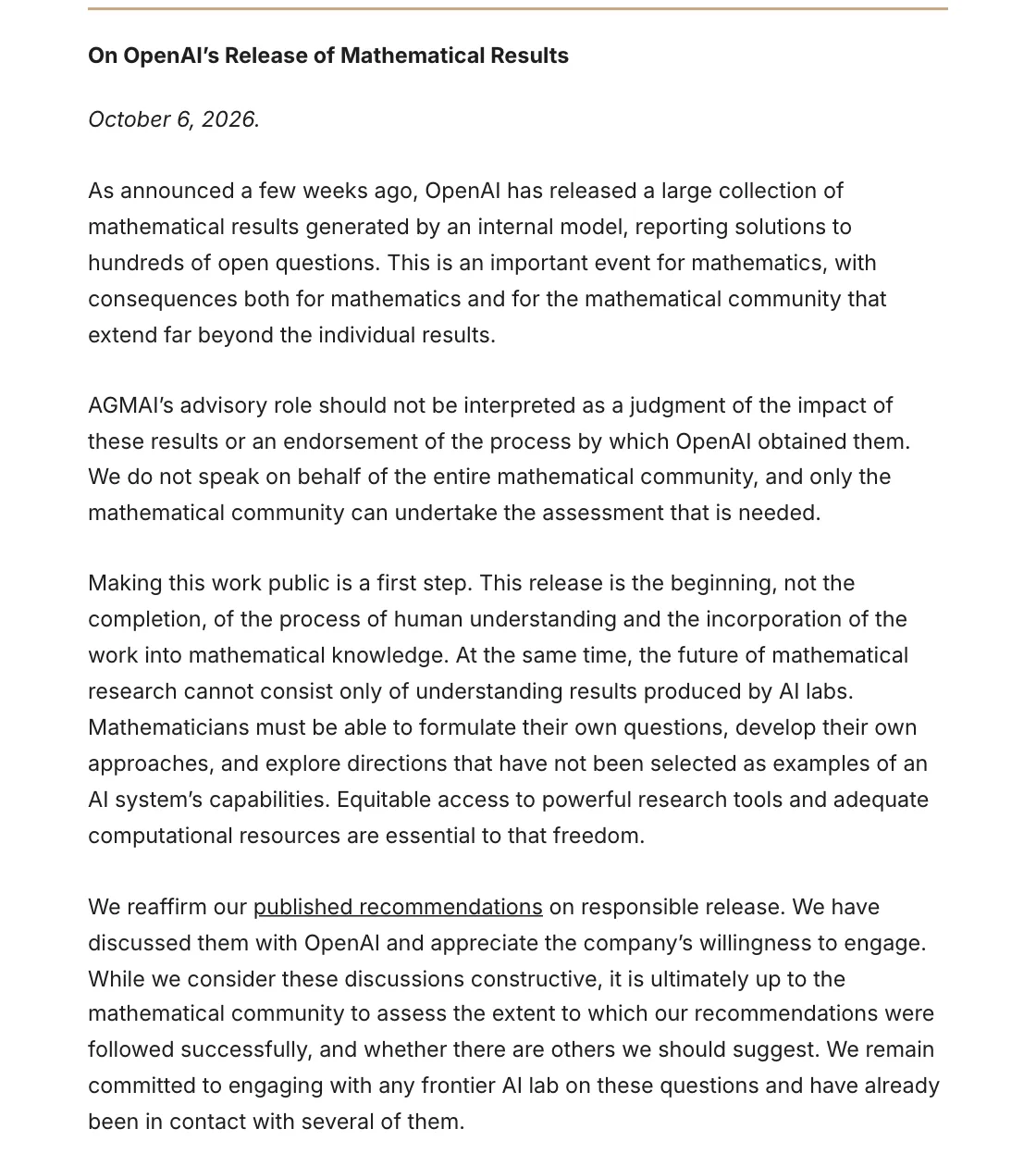 แถลงการณ์ On OpenAI's Release of Mathematical Results ของ AGMAI ลงวันที่ 6 ตุลาคม 2026