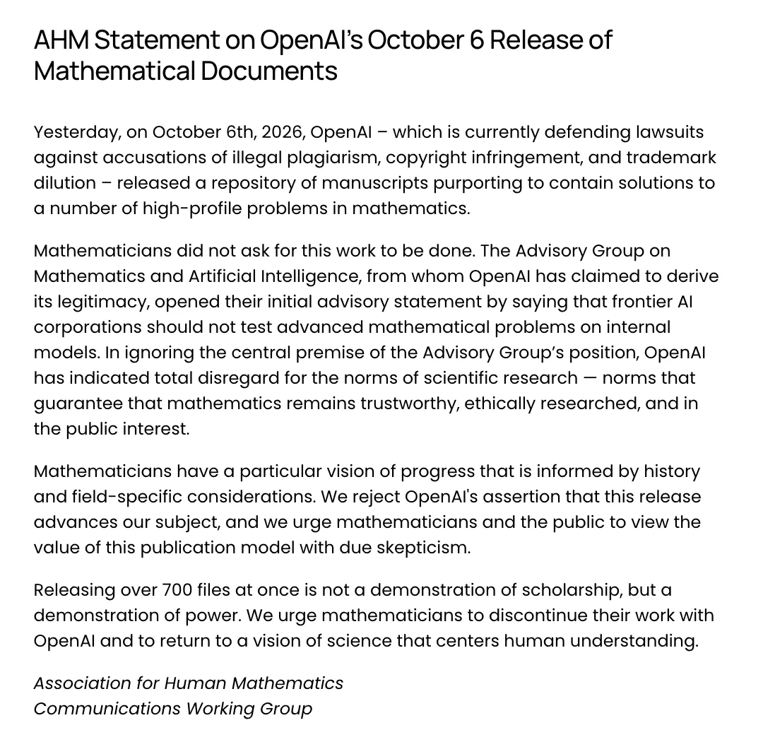 แถลงการณ์ของ Association for Human Mathematics เรื่องการเผยแพร่เอกสารคณิตศาสตร์ของ OpenAI วันที่ 6 ตุลาคม 2026 ลงชื่อ Communications Working Group