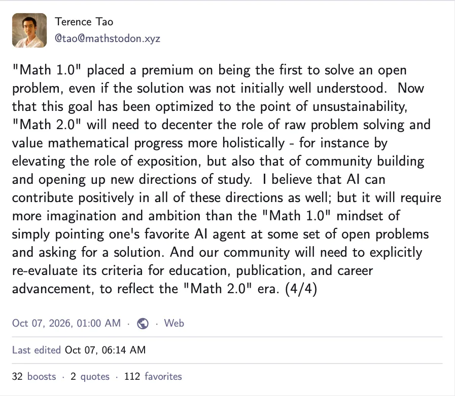 โพสต์ตอนที่ 4 จาก 4 ของ Terence Tao บน Mathstodon เรื่อง Math 1.0 และ Math 2.0