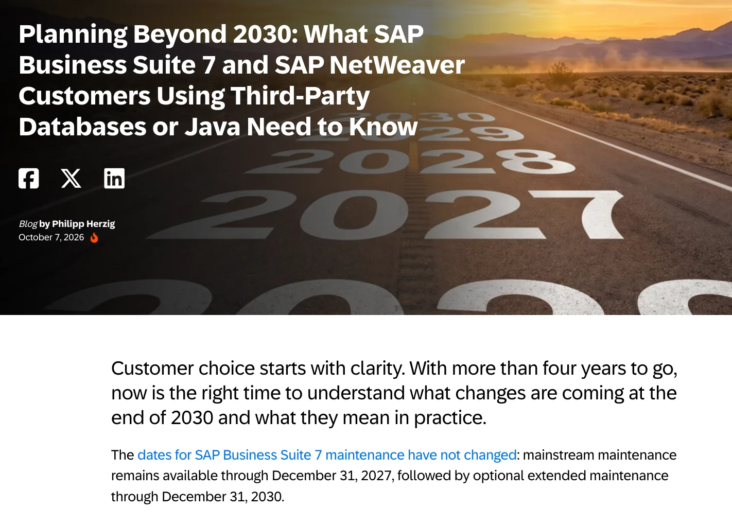 หน้าประกาศ Planning Beyond 2030 ของ SAP โดย Philipp Herzig วันที่ 7 ตุลาคม 2026 เรื่อง Business Suite 7 และ NetWeaver