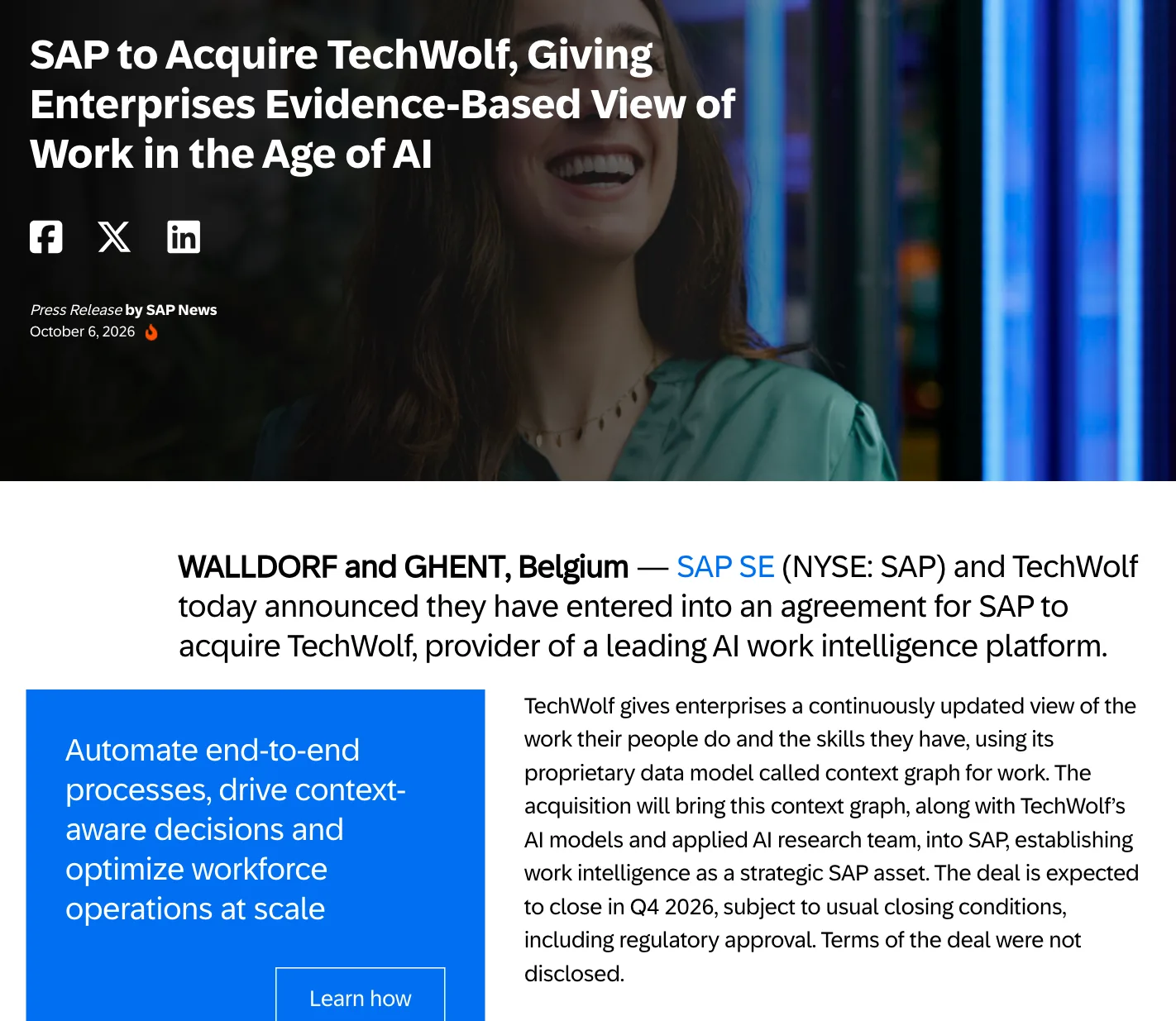 ข่าวประชาสัมพันธ์ SAP to Acquire TechWolf วันที่ 6 ตุลาคม 2026 ระบุปิดดีลไตรมาส 4 ปี 2026 และไม่เปิดเผยมูลค่า