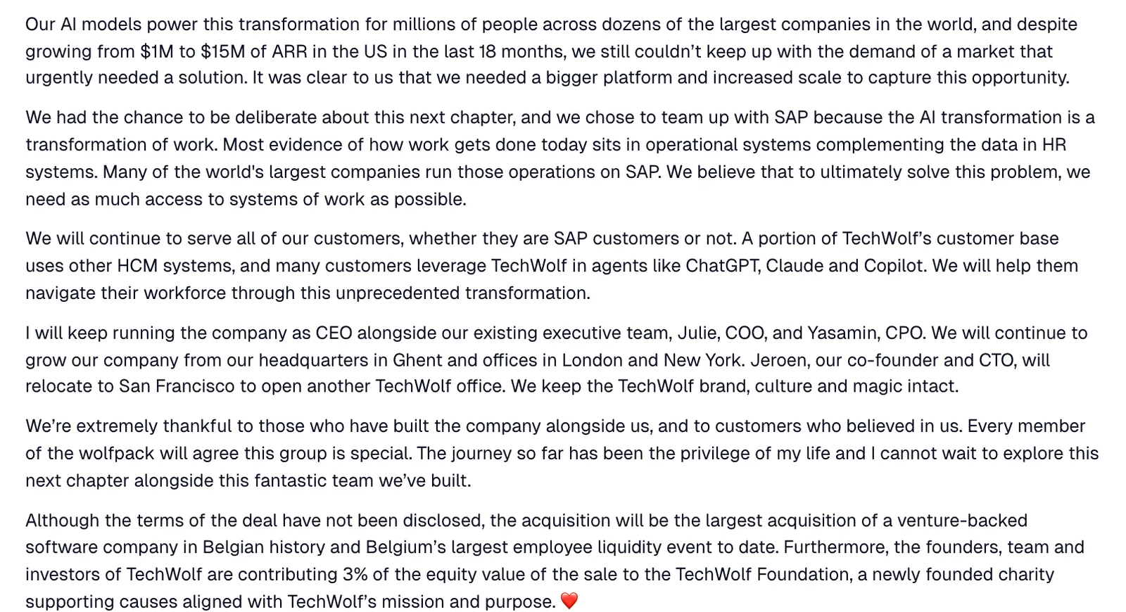 จดหมายของ CEO TechWolf: ARR ในสหรัฐฯ โตจาก 1 ล้านเป็น 15 ล้านดอลลาร์ใน 18 เดือน และบริจาค 3% ให้ TechWolf Foundation